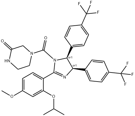 4-[(4S,5R)-2-(4-methoxy-2-propan-2-yloxyphenyl)-4,5-bis[4-(trifluoromethyl)phenyl]-4,5-dihydroimidazole-1-carbonyl]piperazin-2-one Struktur