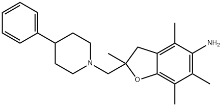 5-Benzofuranamine, 2,3-dihydro-2,4,6,7-tetramethyl-2-[(4-phenyl-1-piperidinyl)methyl]- Struktur