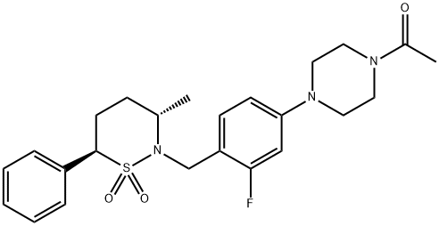 1-(4-(3-fluoro-4-(((3S,6R)-3-methyl-1,1-dioxido-6-phenyl-1,2-thiazinan-2-yl)methyl)phenyl)piperazin-1-yl)ethanone Struktur