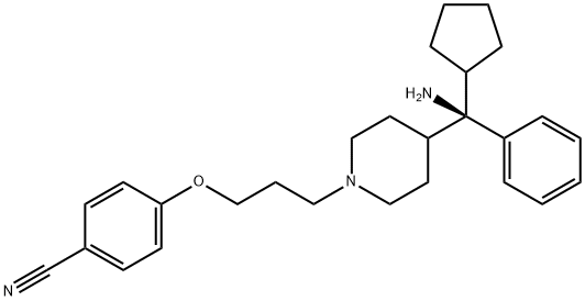 4-[3-[4-[(R)-amino-cyclopentyl-phenylmethyl]piperidin-1-yl]propoxy]benzonitrile Struktur