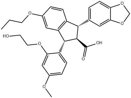 1H-Indene-2-carboxylicacid,1-(1,3-benzodioxol-5-yl)-2,3-dihydro-3-[2-(2-hydroxyethoxy)-4-methoxyphenyl]-5-propoxy-,(1S,2R,3S)- Struktur