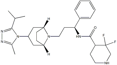 3,3-difluoro-N-((S)-3-((1S,3R,5R)-3-(3-isopropyl-5-methyl-4H-1,2,4-triazol-4-yl)-8-aza-bicyclo[3.2.1]octan-8-yl)-1-phenylpropyl)piperidine-4-carboxamide Struktur