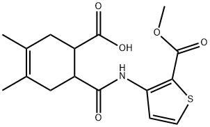 6-((2-(methoxycarbonyl)thiophen-3-yl)carbamoyl)-3,4-dimethylcyclohex-3-enecarboxylic acid Struktur