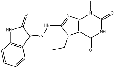 (E)-7-ethyl-3-methyl-8-(2-(2-oxoindolin-3-ylidene)hydrazinyl)-3,7-dihydro-1H-purine-2,6-dione Struktur