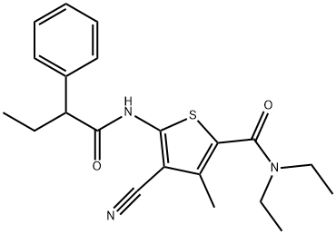 4-cyano-N,N-diethyl-3-methyl-5-(2-phenylbutanoylamino)thiophene-2-carboxamide Struktur