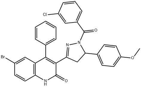 6-bromo-3-(1-(3-chlorobenzoyl)-5-(4-methoxyphenyl)-4,5-dihydro-1H-pyrazol-3-yl)-4-phenylquinolin-2(1H)-one Struktur