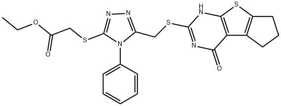 ethyl 2-((5-(((4-oxo-3,5,6,7-tetrahydro-4H-cyclopenta[4,5]thieno[2,3-d]pyrimidin-2-yl)thio)methyl)-4-phenyl-4H-1,2,4-triazol-3-yl)thio)acetate Struktur