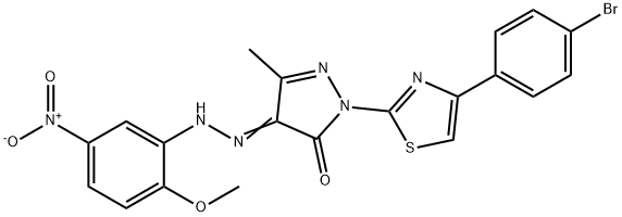 2-[4-(4-bromophenyl)-1,3-thiazol-2-yl]-4-[(2-methoxy-5-nitrophenyl)hydrazono]-5-methyl-2,4-dihydro-3H-pyrazol-3-one Struktur