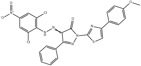 4-[(2,6-dichloro-4-nitrophenyl)hydrazono]-2-[4-(4-methoxyphenyl)-1,3-thiazol-2-yl]-5-phenyl-2,4-dihydro-3H-pyrazol-3-one Struktur