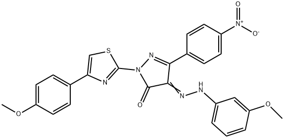 4-[(3-methoxyphenyl)hydrazono]-2-[4-(4-methoxyphenyl)-1,3-thiazol-2-yl]-5-(4-nitrophenyl)-2,4-dihydro-3H-pyrazol-3-one Struktur