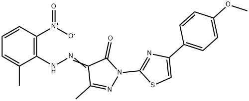 2-[4-(4-methoxyphenyl)-1,3-thiazol-2-yl]-5-methyl-4-[(2-methyl-6-nitrophenyl)hydrazono]-2,4-dihydro-3H-pyrazol-3-one Struktur