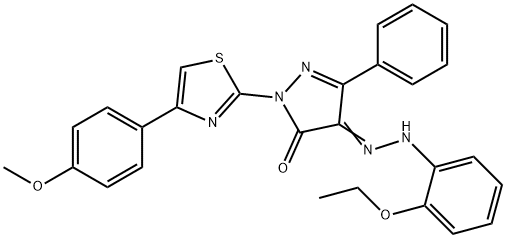 4-[(2-ethoxyphenyl)hydrazono]-2-[4-(4-methoxyphenyl)-1,3-thiazol-2-yl]-5-phenyl-2,4-dihydro-3H-pyrazol-3-one Struktur