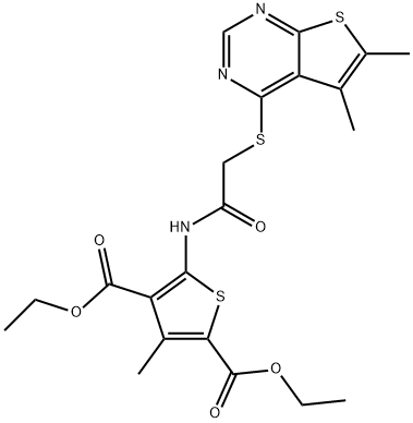 diethyl 5-(2-((5,6-dimethylthieno[2,3-d]pyrimidin-4-yl)thio)acetamido)-3-methylthiophene-2,4-dicarboxylate Struktur