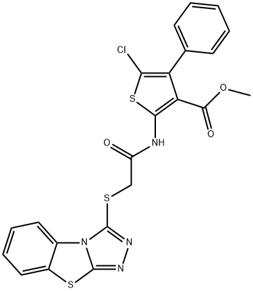 methyl 2-(2-(benzo[4,5]thiazolo[2,3-c][1,2,4]triazol-3-ylthio)acetamido)-5-chloro-4-phenylthiophene-3-carboxylate Struktur