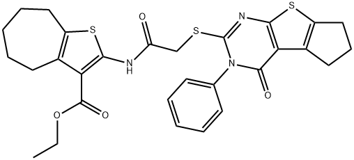 ethyl 2-(2-((4-oxo-3-phenyl-3,5,6,7-tetrahydro-4H-cyclopenta[4,5]thieno[2,3-d]pyrimidin-2-yl)thio)acetamido)-5,6,7,8-tetrahydro-4H-cyclohepta[b]thiophene-3-carboxylate Struktur