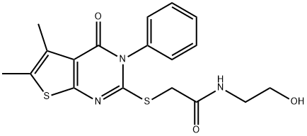 2-((5,6-dimethyl-4-oxo-3-phenyl-3,4-dihydrothieno[2,3-d]pyrimidin-2-yl)thio)-N-(2-hydroxyethyl)acetamide Struktur