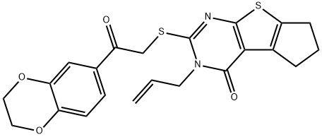 3-allyl-2-((2-(2,3-dihydrobenzo[b][1,4]dioxin-6-yl)-2-oxoethyl)thio)-3,5,6,7-tetrahydro-4H-cyclopenta[4,5]thieno[2,3-d]pyrimidin-4-one Struktur