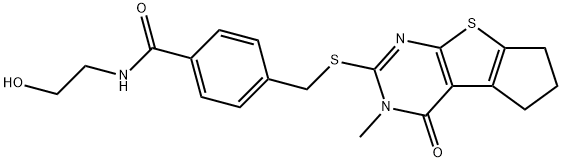 N-(2-hydroxyethyl)-4-(((3-methyl-4-oxo-3,5,6,7-tetrahydro-4H-cyclopenta[4,5]thieno[2,3-d]pyrimidin-2-yl)thio)methyl)benzamide Struktur