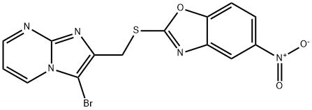 2-(((3-bromoimidazo[1,2-a]pyrimidin-2-yl)methyl)thio)-5-nitrobenzo[d]oxazole Struktur