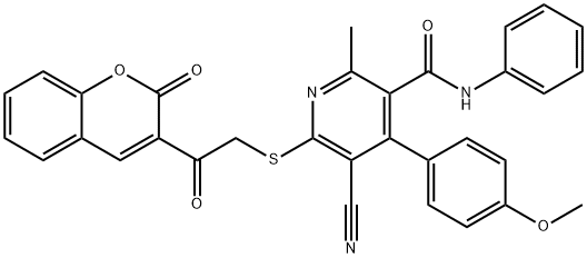 5-cyano-4-(4-methoxyphenyl)-2-methyl-6-((2-oxo-2-(2-oxo-2H-chromen-3-yl)ethyl)thio)-N-phenylnicotinamide Struktur