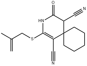 2-((2-methylallyl)thio)-4-oxo-3-azaspiro[5.5]undec-1-ene-1,5-dicarbonitrile Struktur