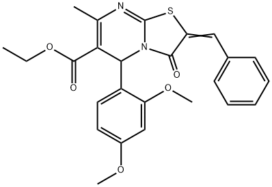 ethyl (E)-2-benzylidene-5-(2,4-dimethoxyphenyl)-7-methyl-3-oxo-2,3-dihydro-5H-thiazolo[3,2-a]pyrimidine-6-carboxylate Struktur