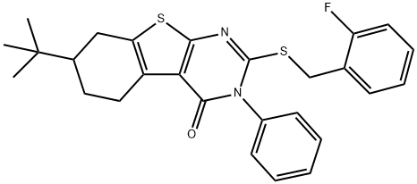 7-tert-butyl-2-[(2-fluorobenzyl)sulfanyl]-3-phenyl-5,6,7,8-tetrahydro[1]benzothieno[2,3-d]pyrimidin-4(3H)-one Struktur