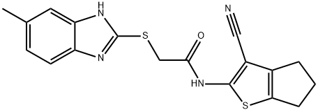 N-(3-cyano-5,6-dihydro-4H-cyclopenta[b]thiophen-2-yl)-2-[(5-methyl-1H-benzimidazol-2-yl)sulfanyl]acetamide Struktur