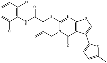 2-((3-allyl-5-(5-methylfuran-2-yl)-4-oxo-3,4-dihydrothieno[2,3-d]pyrimidin-2-yl)thio)-N-(2,6-dichlorophenyl)acetamide Struktur