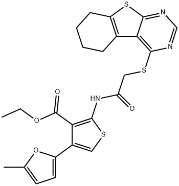 ethyl 4-(5-methylfuran-2-yl)-2-(2-((5,6,7,8-tetrahydrobenzo[4,5]thieno[2,3-d]pyrimidin-4-yl)thio)acetamido)thiophene-3-carboxylate Struktur