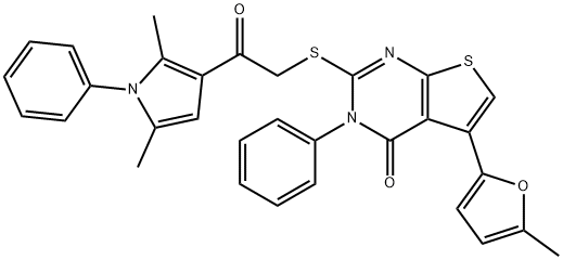 2-((2-(2,5-dimethyl-1-phenyl-1H-pyrrol-3-yl)-2-oxoethyl)thio)-5-(5-methylfuran-2-yl)-3-phenylthieno[2,3-d]pyrimidin-4(3H)-one Struktur