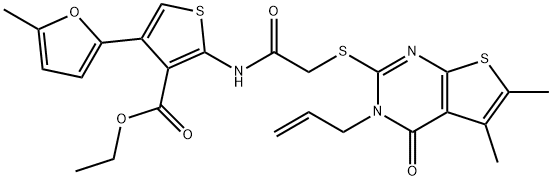 ethyl 2-(2-((3-allyl-5,6-dimethyl-4-oxo-3,4-dihydrothieno[2,3-d]pyrimidin-2-yl)thio)acetamido)-4-(5-methylfuran-2-yl)thiophene-3-carboxylate Struktur