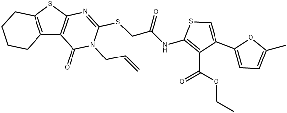 ethyl 2-(2-((3-allyl-4-oxo-3,4,5,6,7,8-hexahydrobenzo[4,5]thieno[2,3-d]pyrimidin-2-yl)thio)acetamido)-4-(5-methylfuran-2-yl)thiophene-3-carboxylate Struktur