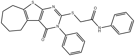 2-((4-oxo-3-phenyl-3,5,6,7,8,9-hexahydro-4H-cyclohepta[4,5]thieno[2,3-d]pyrimidin-2-yl)thio)-N-phenylacetamide Struktur