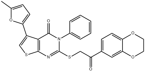 2-((2-(2,3-dihydrobenzo[b][1,4]dioxin-6-yl)-2-oxoethyl)thio)-5-(5-methylfuran-2-yl)-3-phenylthieno[2,3-d]pyrimidin-4(3H)-one Struktur