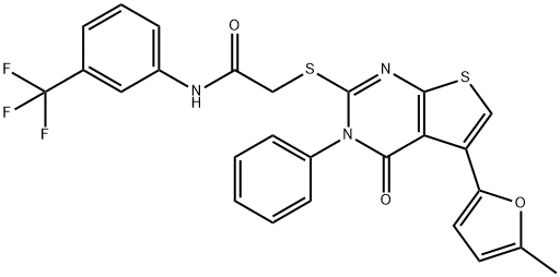 2-((5-(5-methylfuran-2-yl)-4-oxo-3-phenyl-3,4-dihydrothieno[2,3-d]pyrimidin-2-yl)thio)-N-(3-(trifluoromethyl)phenyl)acetamide Struktur