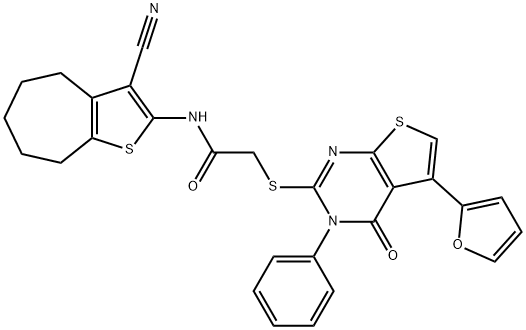 N-(3-cyano-5,6,7,8-tetrahydro-4H-cyclohepta[b]thiophen-2-yl)-2-((5-(furan-2-yl)-4-oxo-3-phenyl-3,4-dihydrothieno[2,3-d]pyrimidin-2-yl)thio)acetamide Struktur