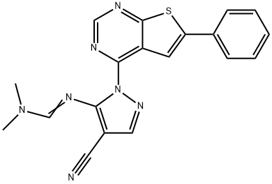 (E)-N-(4-cyano-1-(6-phenylthieno[2,3-d]pyrimidin-4-yl)-1H-pyrazol-5-yl)-N,N-dimethylformimidamide Struktur