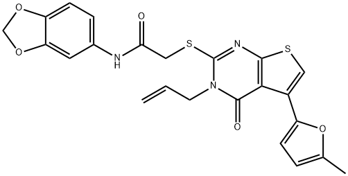 2-((3-allyl-5-(5-methylfuran-2-yl)-4-oxo-3,4-dihydrothieno[2,3-d]pyrimidin-2-yl)thio)-N-(benzo[d][1,3]dioxol-5-yl)acetamide Struktur