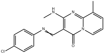 (E)-3-(((4-chlorophenyl)imino)methyl)-9-methyl-2-(methylamino)-4H-pyrido[1,2-a]pyrimidin-4-one Struktur