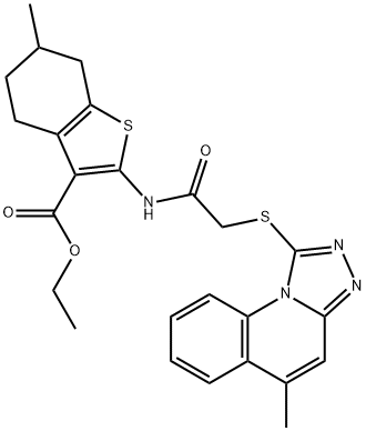 ethyl 6-methyl-2-(2-((5-methyl-[1,2,4]triazolo[4,3-a]quinolin-1-yl)thio)acetamido)-4,5,6,7-tetrahydrobenzo[b]thiophene-3-carboxylate Struktur