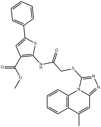 methyl 2-(2-((5-methyl-[1,2,4]triazolo[4,3-a]quinolin-1-yl)thio)acetamido)-5-phenylthiophene-3-carboxylate Struktur