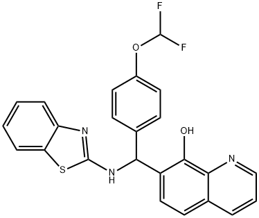 7-((benzo[d]thiazol-2-ylamino)(4-(difluoromethoxy)phenyl)methyl)quinolin-8-ol Struktur