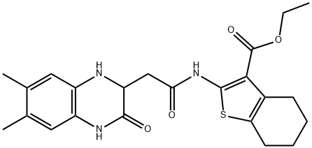 ethyl 2-(2-(6,7-dimethyl-3-oxo-1,2,3,4-tetrahydroquinoxalin-2-yl)acetamido)-4,5,6,7-tetrahydrobenzo[b]thiophene-3-carboxylate Struktur