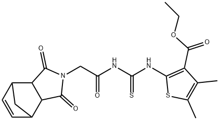 ethyl 2-(3-(2-(1,3-dioxo-1,3,3a,4,7,7a-hexahydro-2H-4,7-methanoisoindol-2-yl)acetyl)thioureido)-4,5-dimethylthiophene-3-carboxylate Struktur