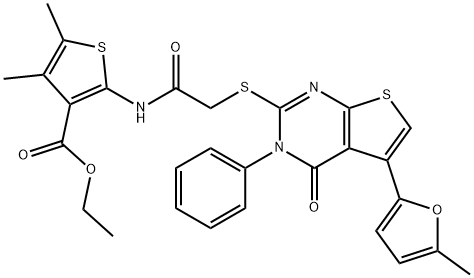 ethyl 4,5-dimethyl-2-(2-((5-(5-methylfuran-2-yl)-4-oxo-3-phenyl-3,4-dihydrothieno[2,3-d]pyrimidin-2-yl)thio)acetamido)thiophene-3-carboxylate Struktur