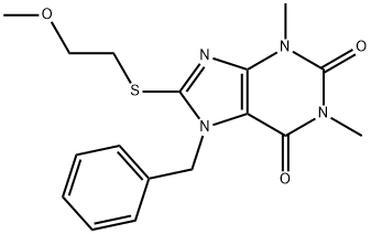 7-benzyl-8-((2-methoxyethyl)thio)-1,3-dimethyl-3,7-dihydro-1H-purine-2,6-dione Struktur