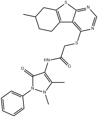 N-(1,5-dimethyl-3-oxo-2-phenyl-2,3-dihydro-1H-pyrazol-4-yl)-2-((7-methyl-5,6,7,8-tetrahydrobenzo[4,5]thieno[2,3-d]pyrimidin-4-yl)thio)acetamide Struktur