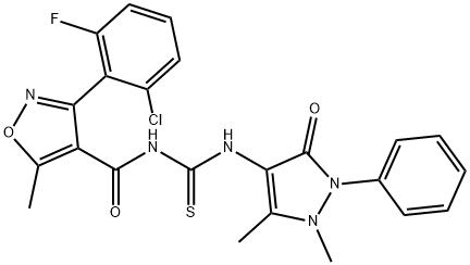 3-(2-chloro-6-fluorophenyl)-N-((1,5-dimethyl-3-oxo-2-phenyl-2,3-dihydro-1H-pyrazol-4-yl)carbamothioyl)-5-methylisoxazole-4-carboxamide Struktur