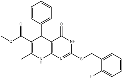 methyl 2-((2-fluorobenzyl)thio)-7-methyl-4-oxo-5-phenyl-3,4,5,8-tetrahydropyrido[2,3-d]pyrimidine-6-carboxylate Struktur